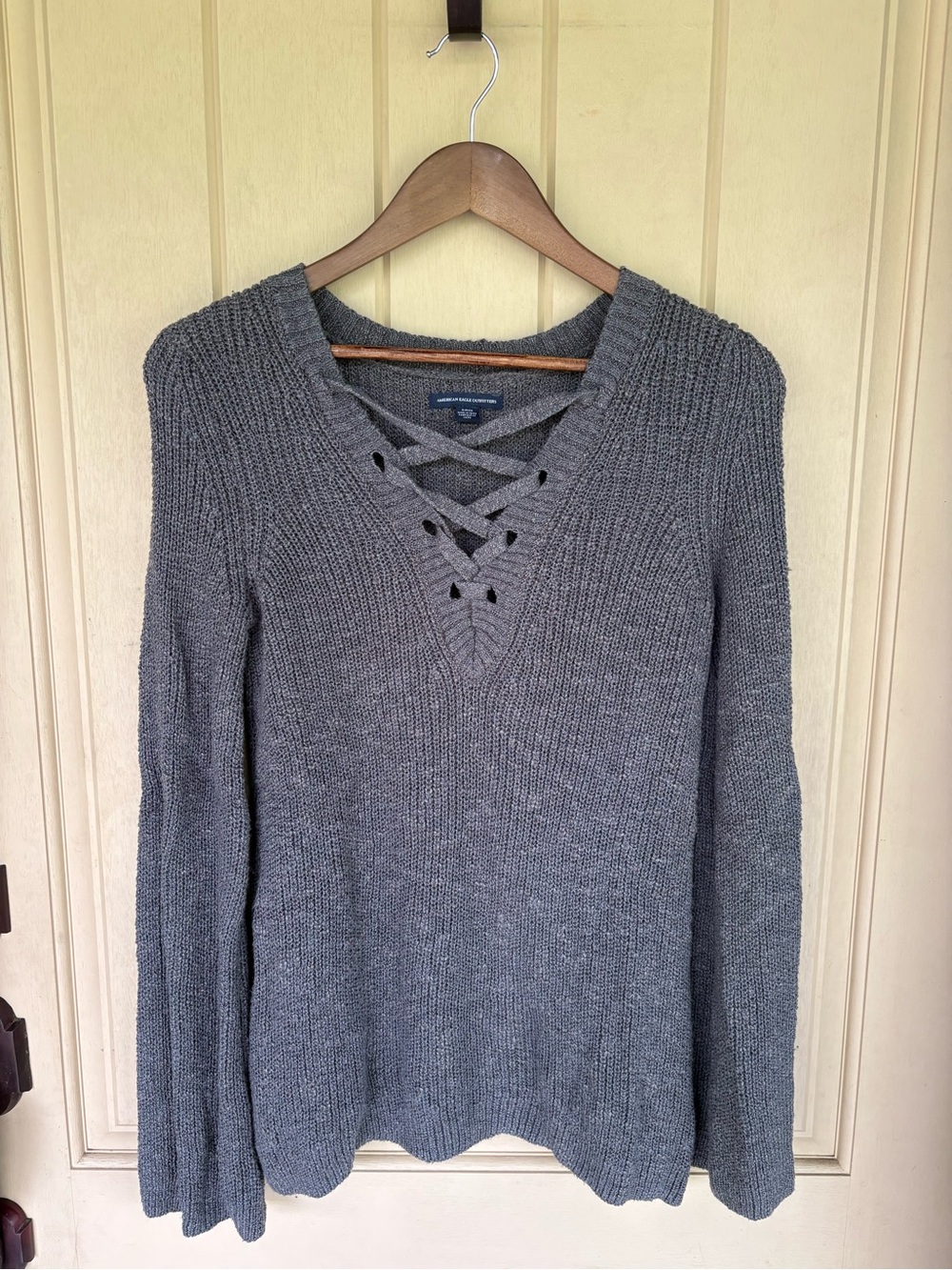 American Eagle Outfitters Gray Lace-Up V-Neck Knit Sweater